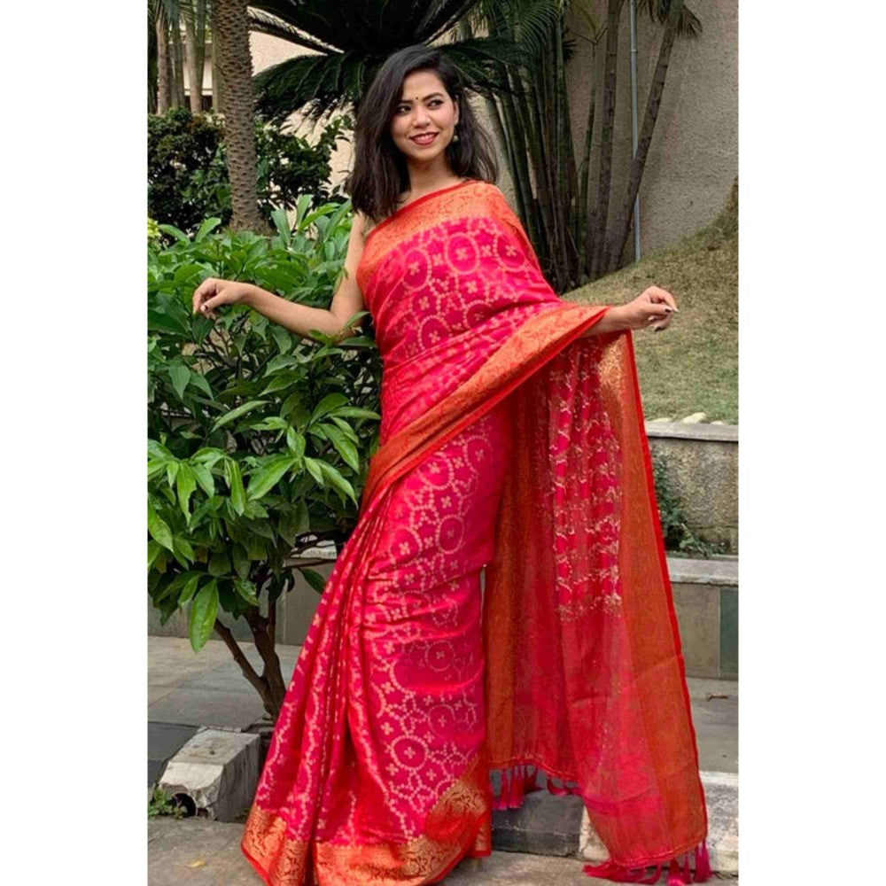 Isadora Life Womens Woven Tassels Pink Pre-Draped Saree With Unstitched Blouse