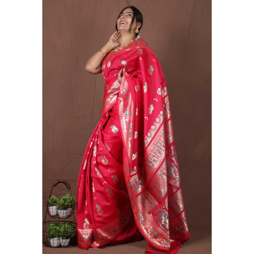 Isadora Life Womens Woven Zari Red Pre-Draped Saree With Unstitched Blouse