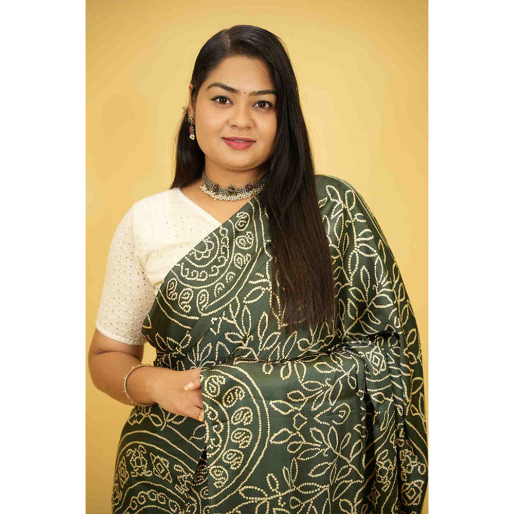 Isadora Life Womens Printed Green Pre-Draped Saree with Unstitched Blouse