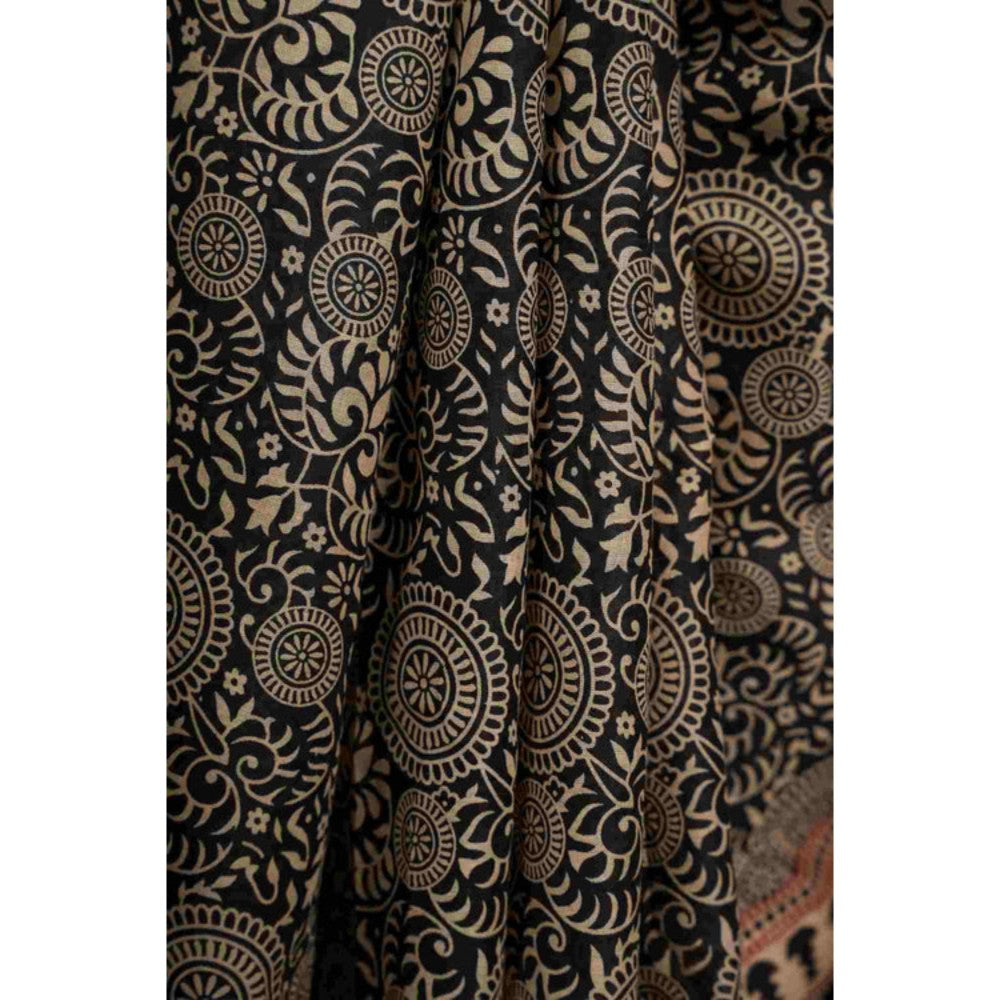 Isadora Life Womens Block Print Black Pre-Draped Saree with Unstitched Blouse