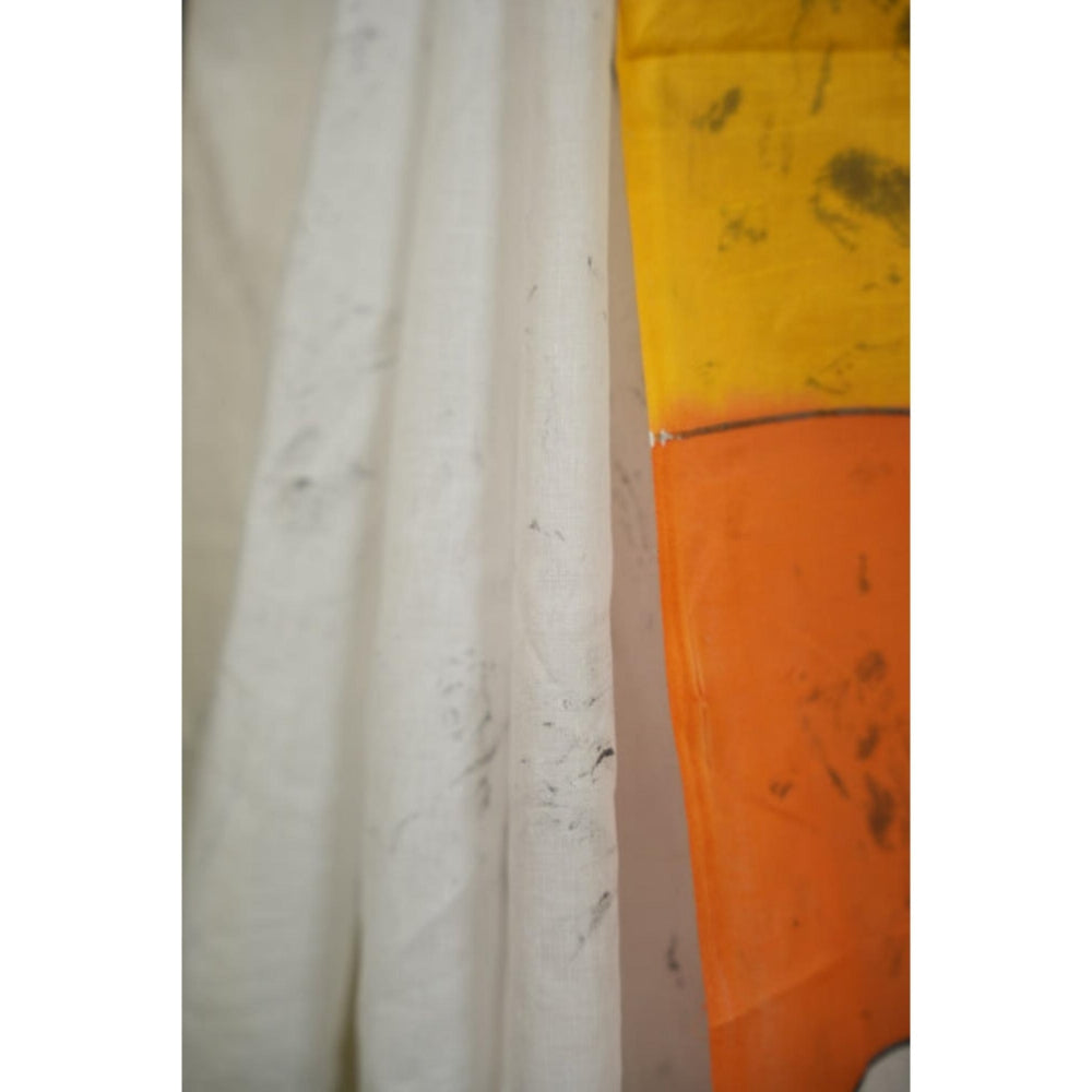 Isadora Life Womens Hand Painted White Pre-Draped Saree with Unstitched Blouse