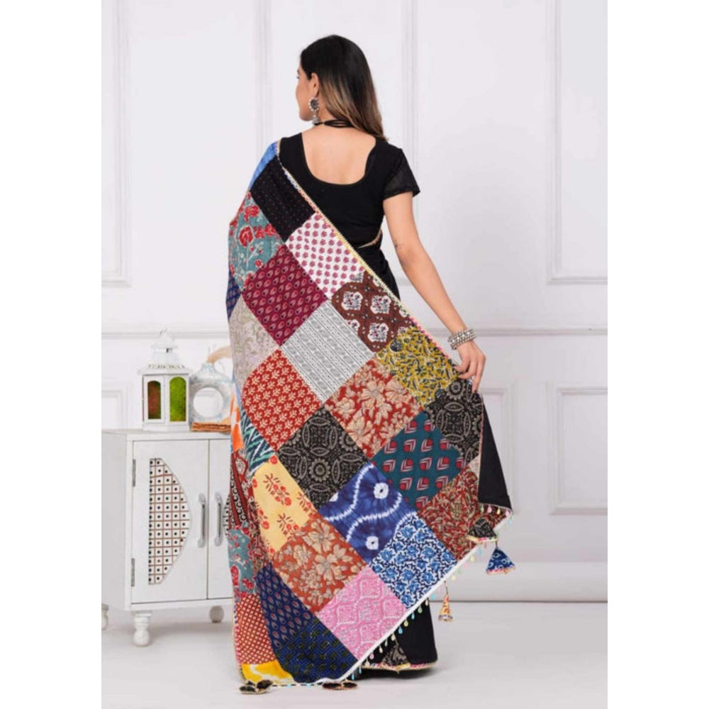 Isadora Life Womens Printed Tassels Black Pre-Draped Saree with Unstitched Blouse