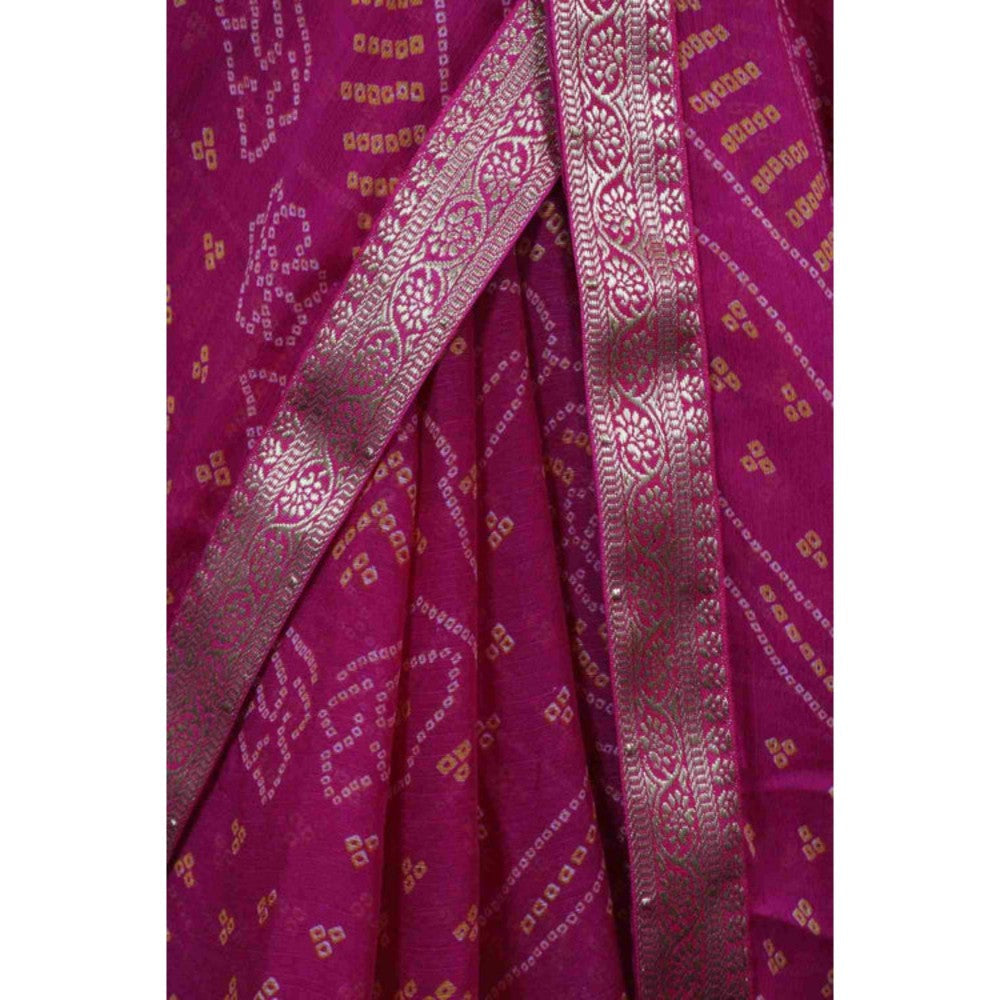 Isadora Life Womens Bandhani Printed Pink Pre-Draped Saree with Unstitched Blouse