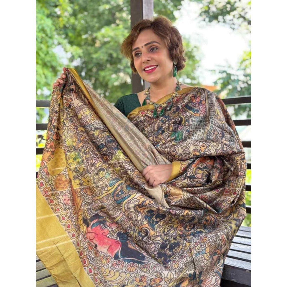 Isadora Life Womens Printed Multi-Color Pre-Draped Saree with Unstitched Blouse