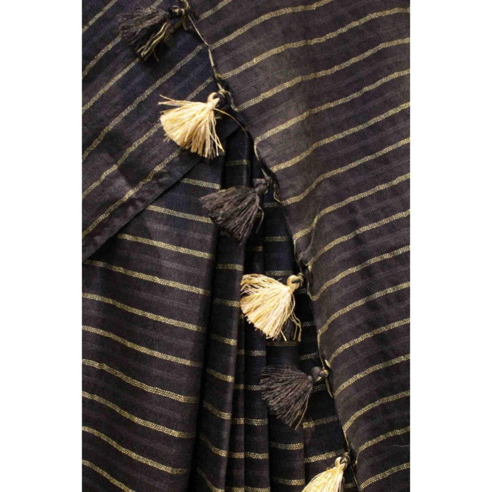 Isadora Life Womens Stripes Tassels Black Pre-Draped Saree with Unstitched Blouse