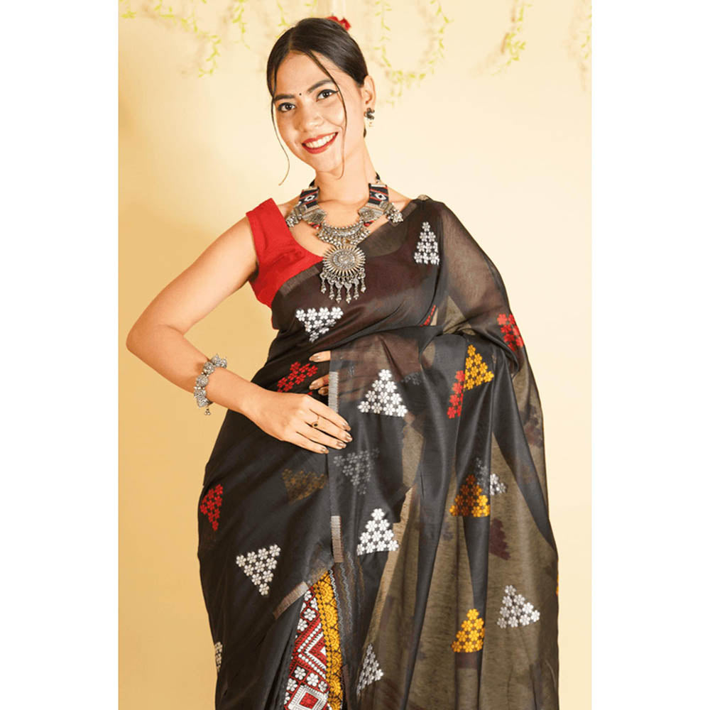Isadora Life Womens Floral Printed Black Pre-Draped Saree with Unstitched Blouse