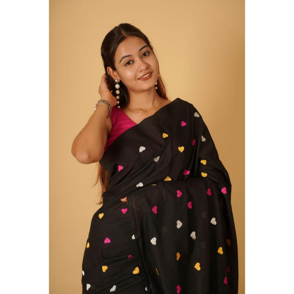 Isadora Life Womens Embroidered Tassels Black Pre-Draped Saree with Unstitched Blouse