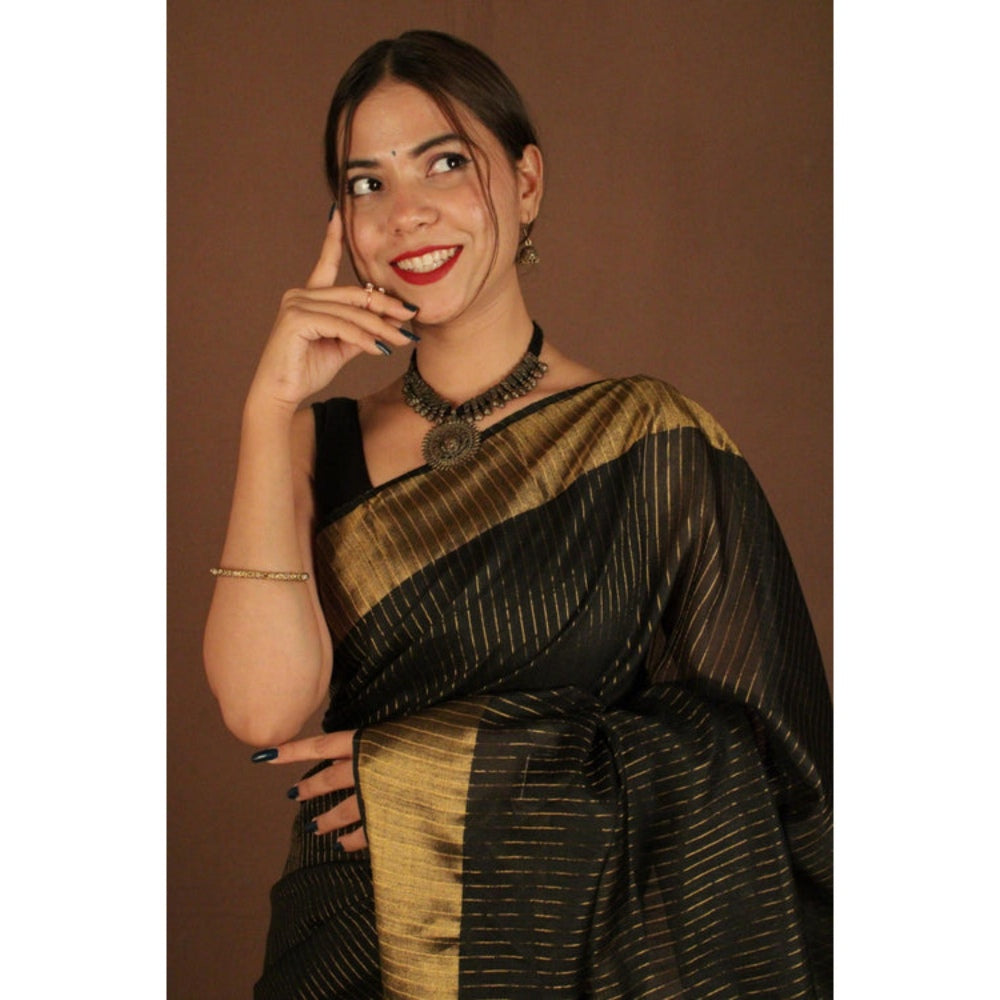 Isadora Life Womens Stripes Sequined Black Pre-Draped Saree with Unstitched Blouse
