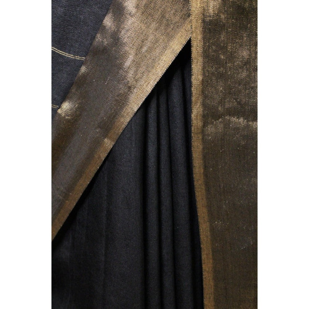 Isadora Life Womens Woven Zari Black Pre-Draped Saree with Unstitched Blouse