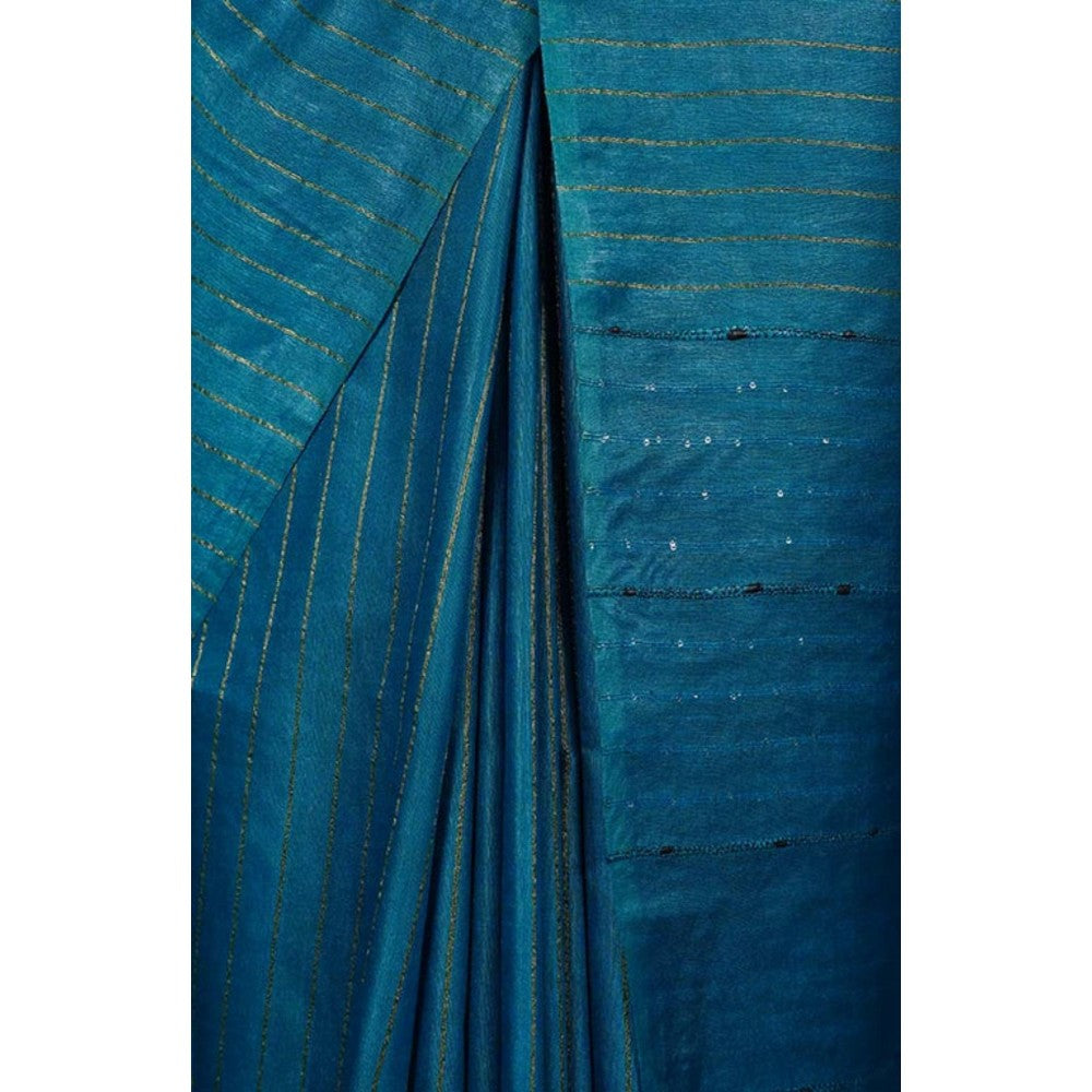 Isadora Life Womens Stripes Tassels Blue Pre-Draped Saree with Unstitched Blouse