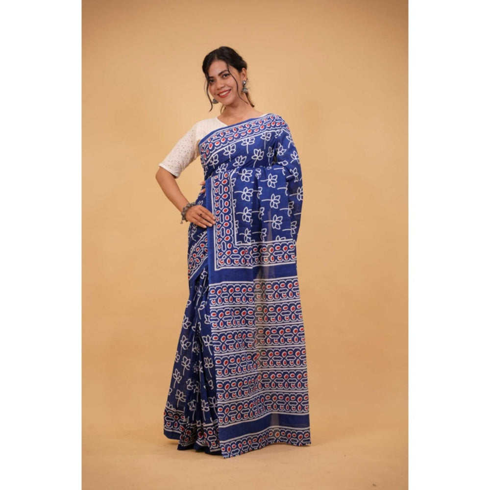 Isadora Life Womens Hand Block Printed Blue Pre-Draped Saree with Unstitched Blouse