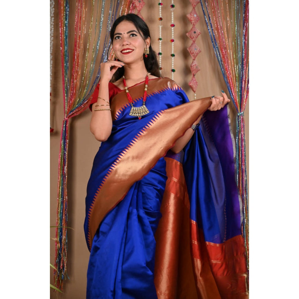 Isadora Life Womens Solid Zari Blue Pre-Draped Saree With Unstitched Blouse