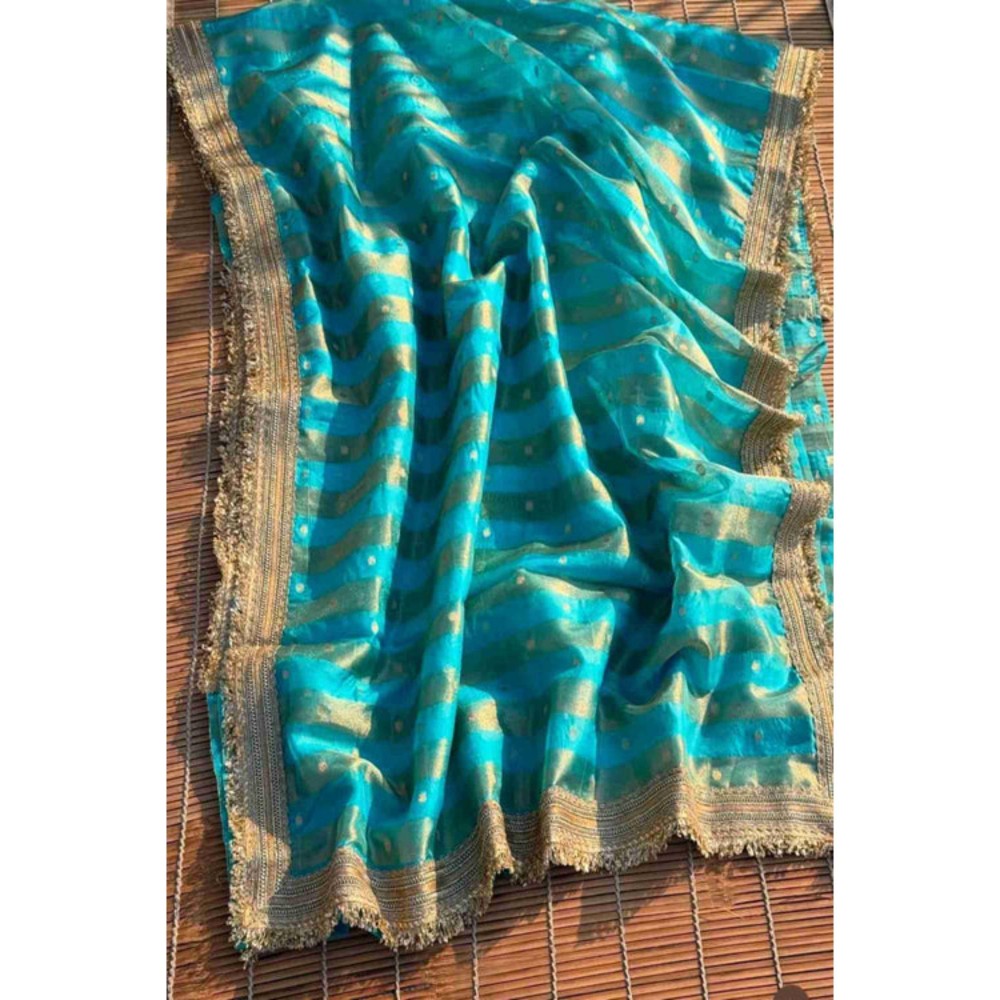 Isadora Life Womens Stripes Embroidered Blue Pre-Draped Saree With Unstitched Blouse