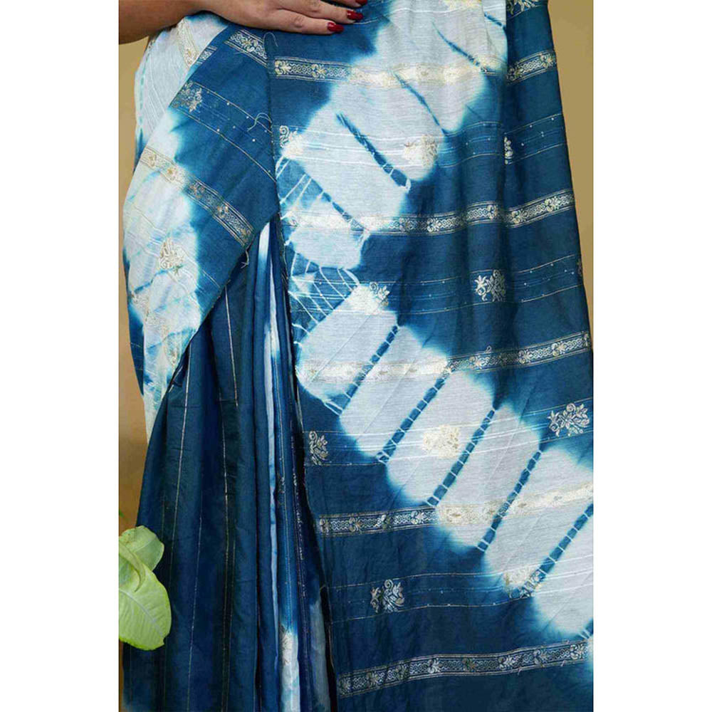 Isadora Life Womens Tie & Dye Zari Teal Pre-Draped Saree With Unstitched Blouse