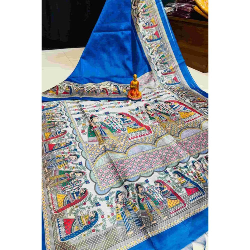 Isadora Life Womens Printed Tassels Blue Pre-Draped Saree With Unstitched Blouse