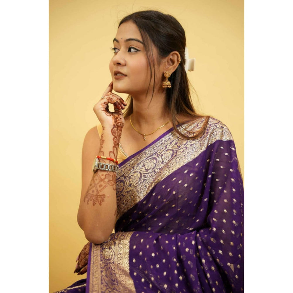 Isadora Life Womens Woven Zari Purple Pre-Draped Saree With Unstitched Blouse