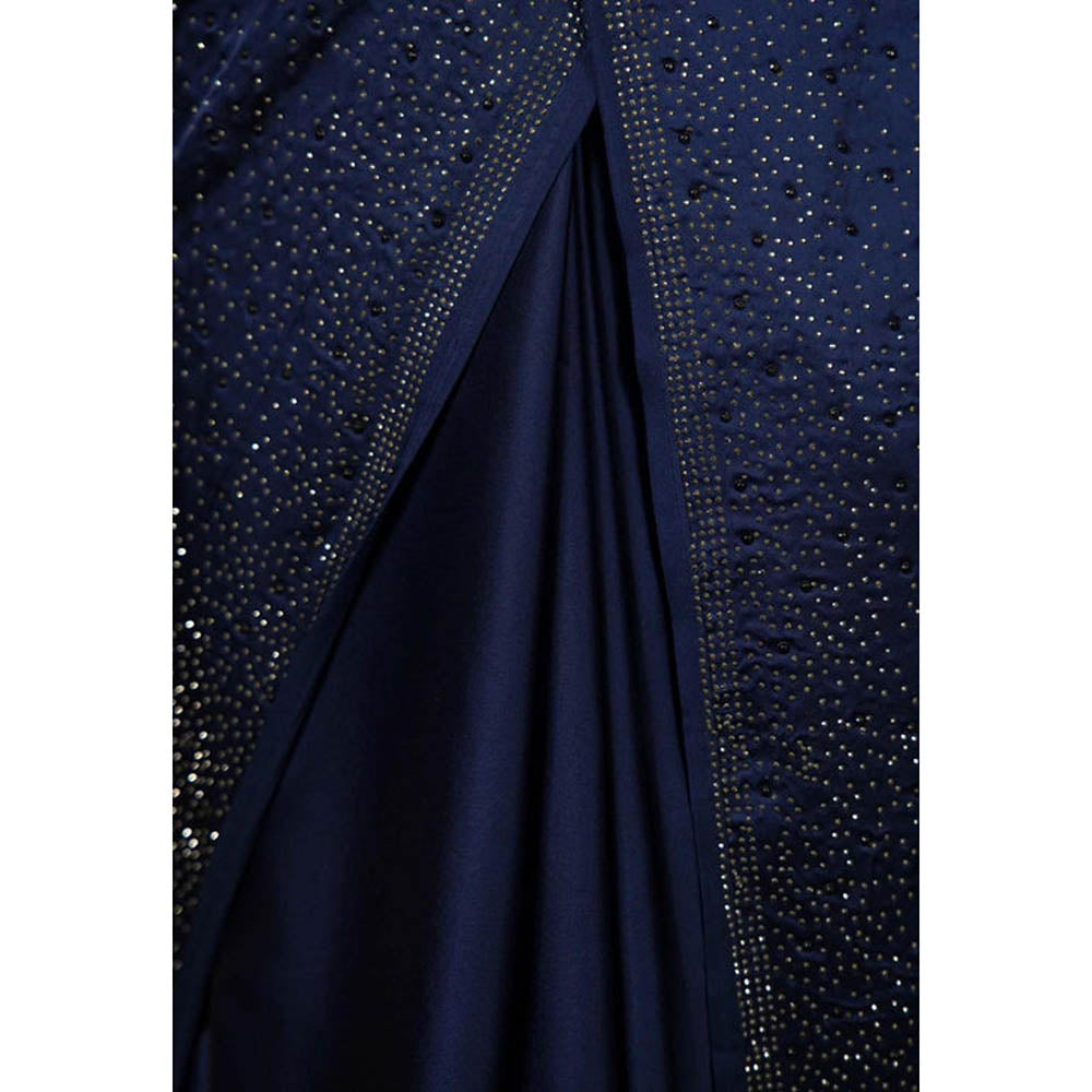 Isadora Life Womens Sequined Navy Blue Pre-Draped Saree With Unstitched Blouse