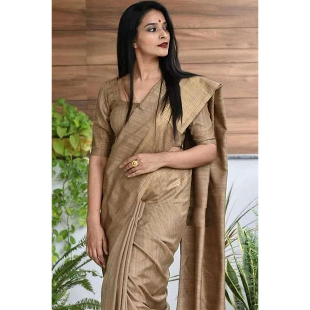 Isadora Life Womens Solid Tassels Brown Pre-Draped Saree With Unstitched Blouse