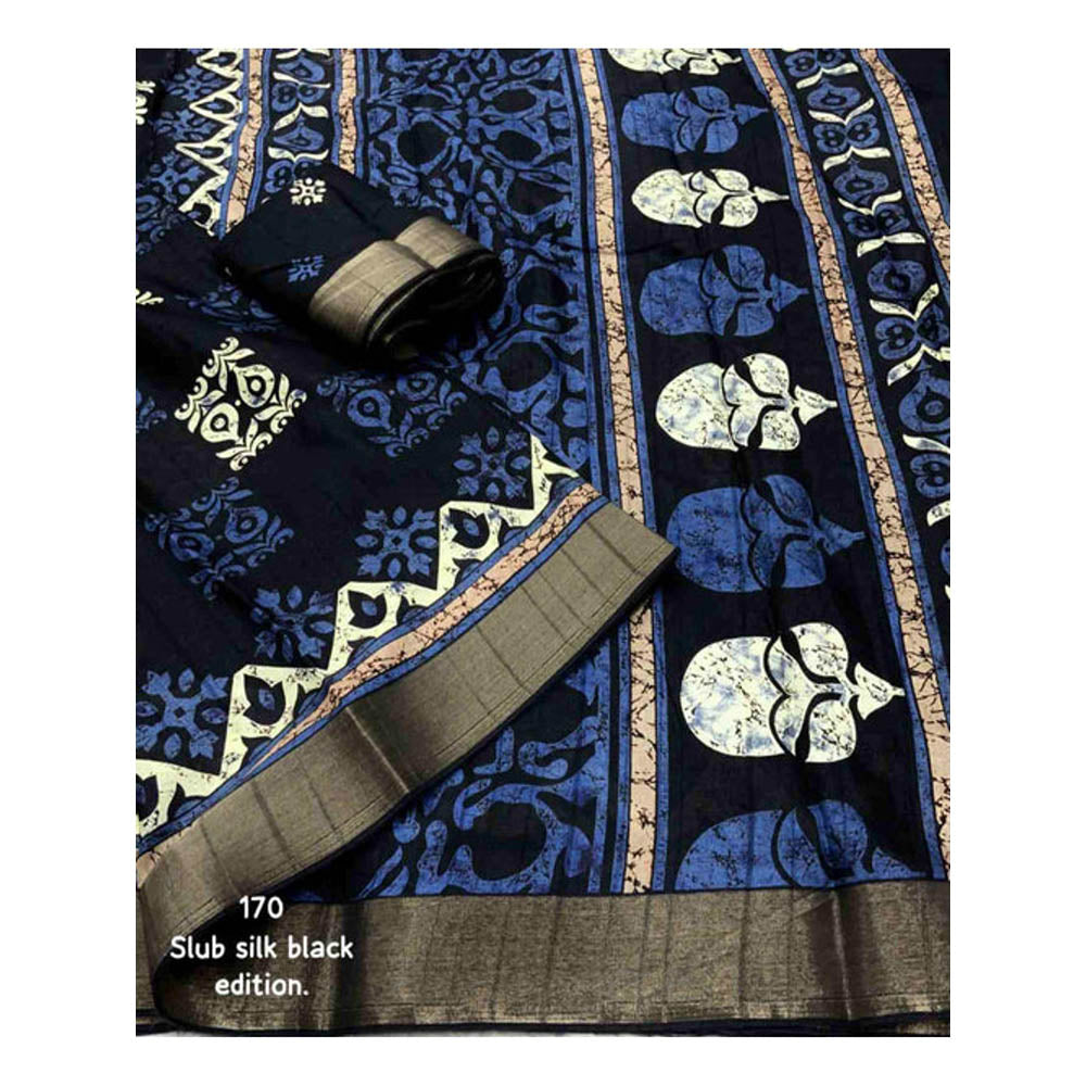 Isadora Life Womens Printed Black Pre-Draped Saree With Unstitched Blouse