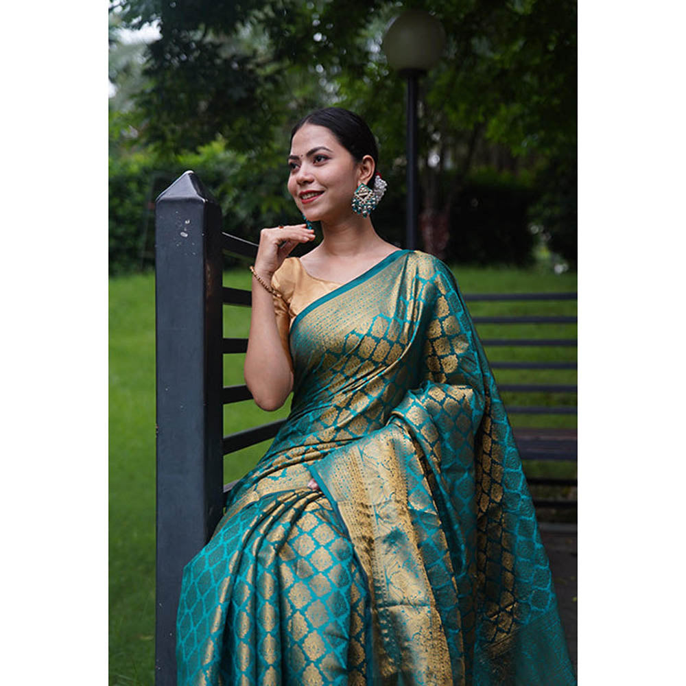 Isadora Life Womens Woven Zari Blue Pre-Draped Saree With Unstitched Blouse