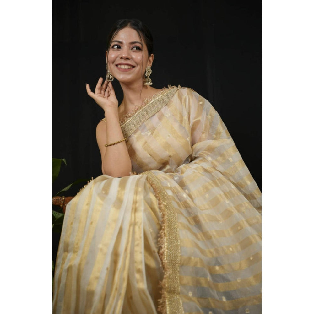 Isadora Life Womens Stripes Embroidered Ivory Pre-Draped Saree With Unstitched Blouse