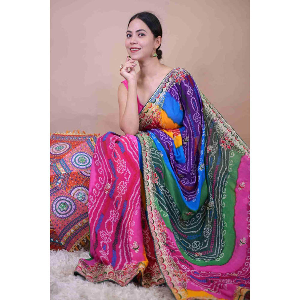 Isadora Life Womens Bandhani Printed Multi-Color Pre-Draped Saree With Unstitched Blouse
