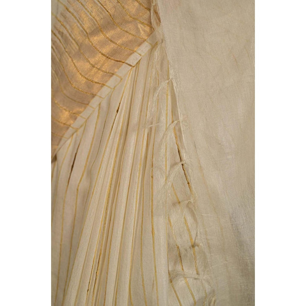 Isadora Life Womens Stripes Zari Ivory Pre-Draped Saree With Unstitched Blouse