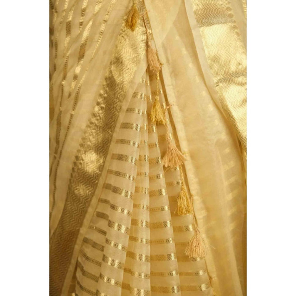 Isadora Life Womens Stripes Tassels Gold Pre-Draped Saree With Unstitched Blouse
