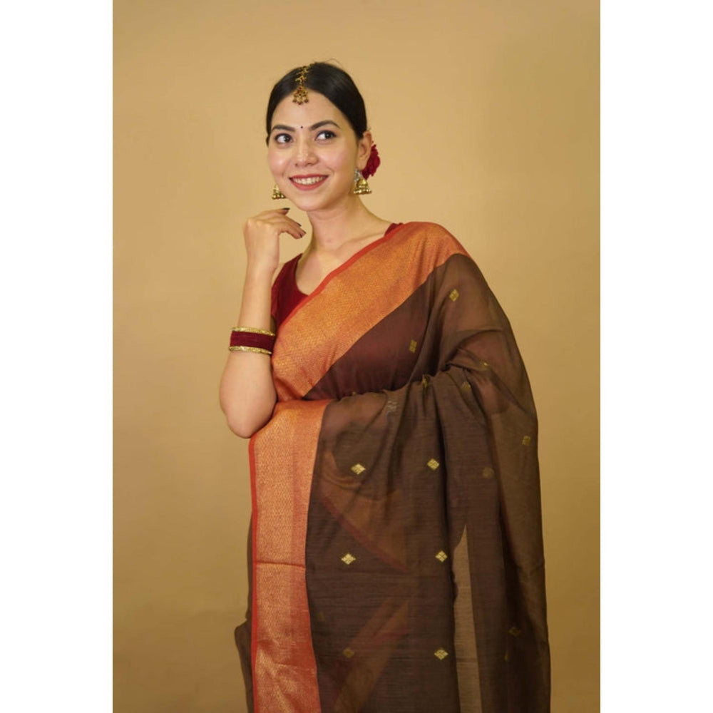 Isadora Life Womens Woven Zari Brown Pre-Draped Saree With Unstitched Blouse