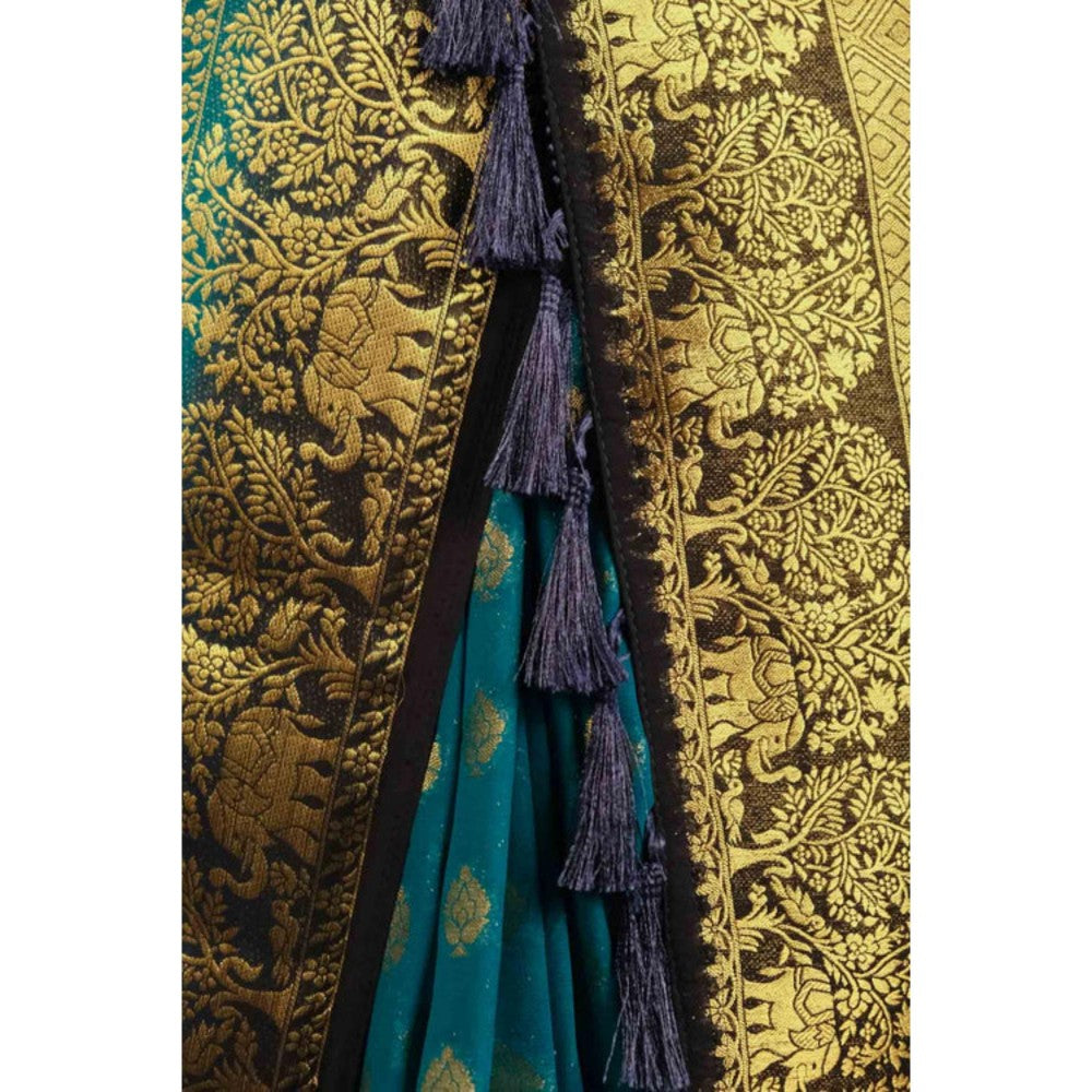 Isadora Life Womens Woven Tassels Blue Pre-Draped Saree With Unstitched Blouse