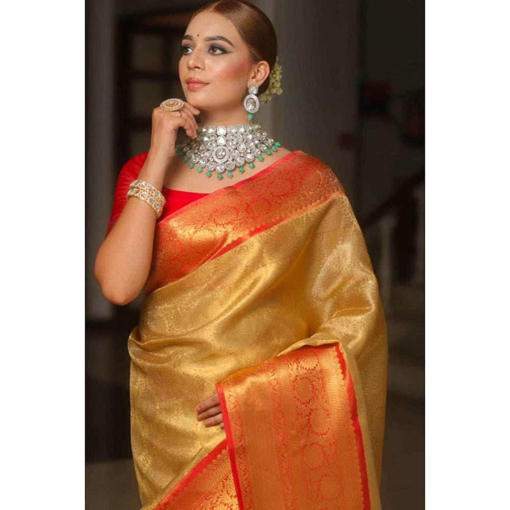 Isadora Life Womens Woven Zari Gold Pre-Draped Saree With Unstitched Blouse