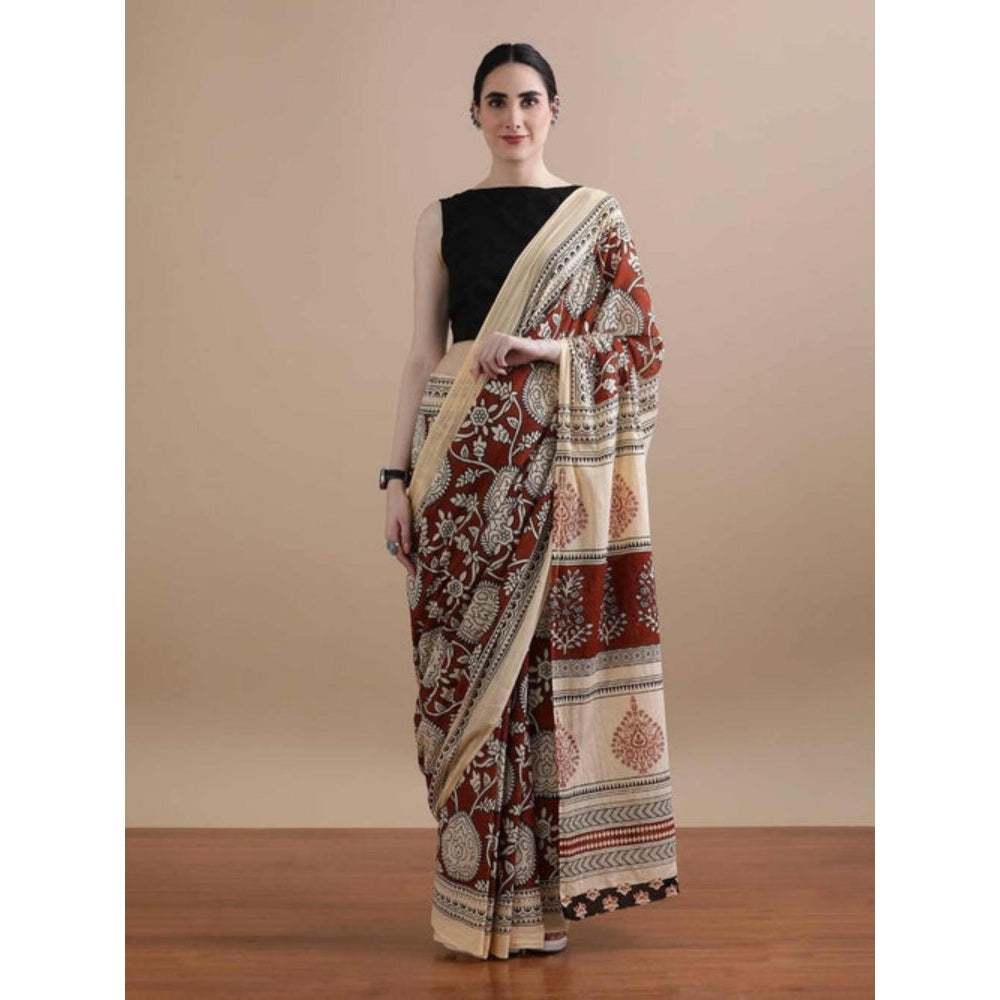 Isadora Life Womens Block Print Maroon Pre-Draped Saree With Unstitched Blouse