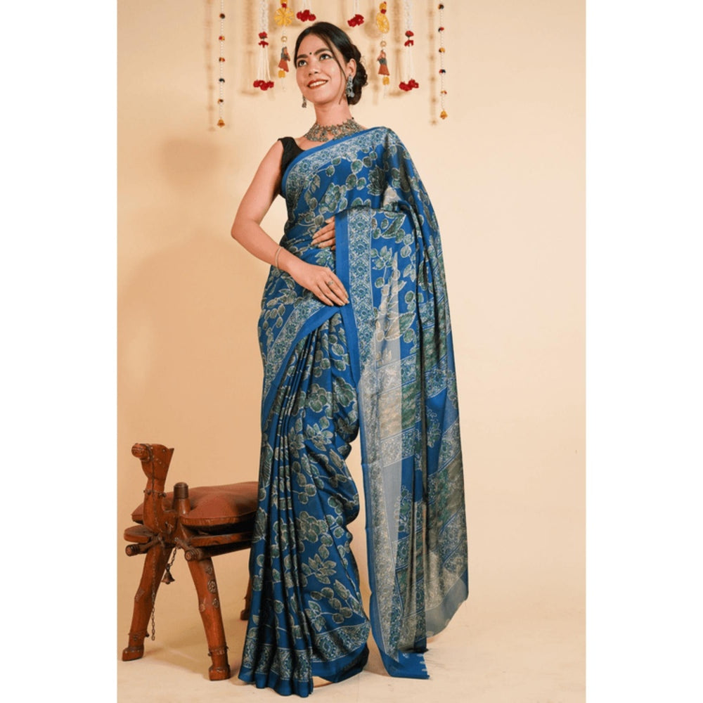 Isadora Life Womens Floral Printed Blue Pre-Draped Saree With Unstitched Blouse