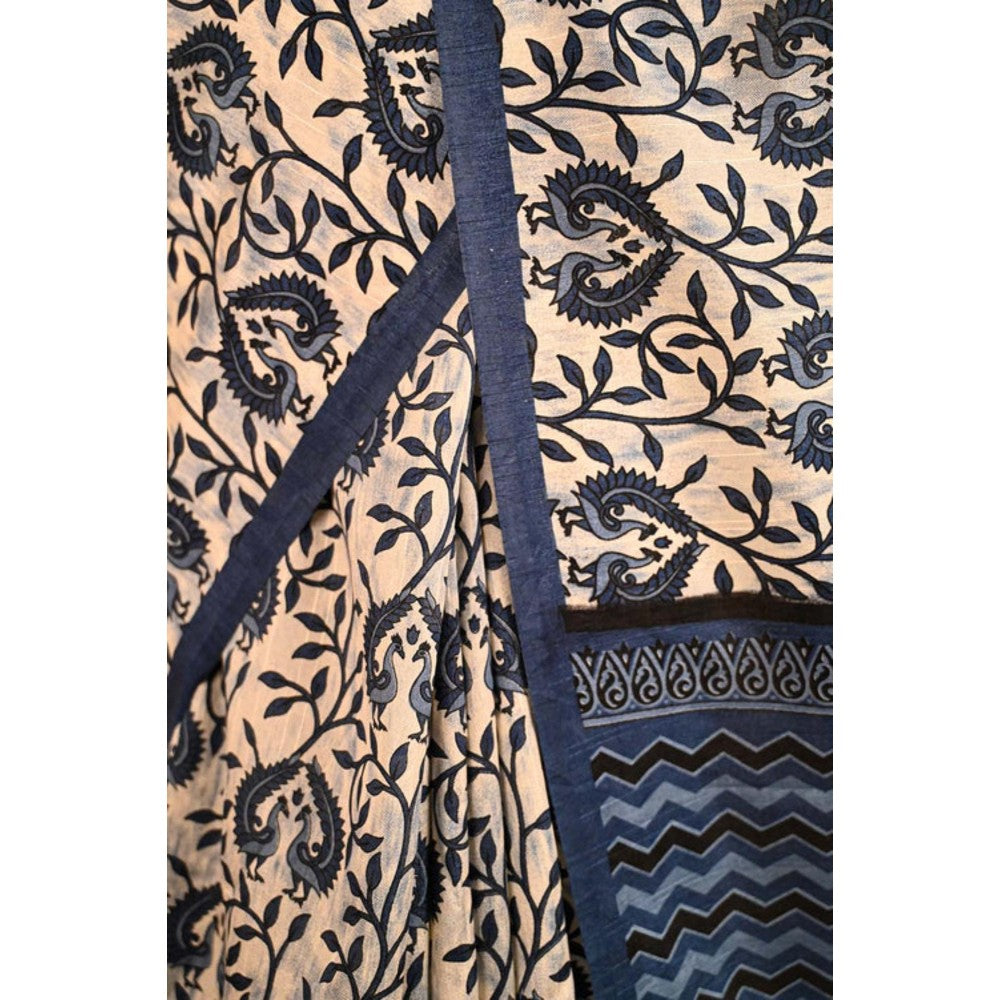 Isadora Life Womens Printed Indigo Pre-Draped Saree With Unstitched Blouse