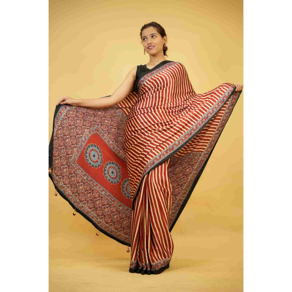 Isadora Life Womens Printed Stripes Red Pre-Draped Saree With Unstitched Blouse