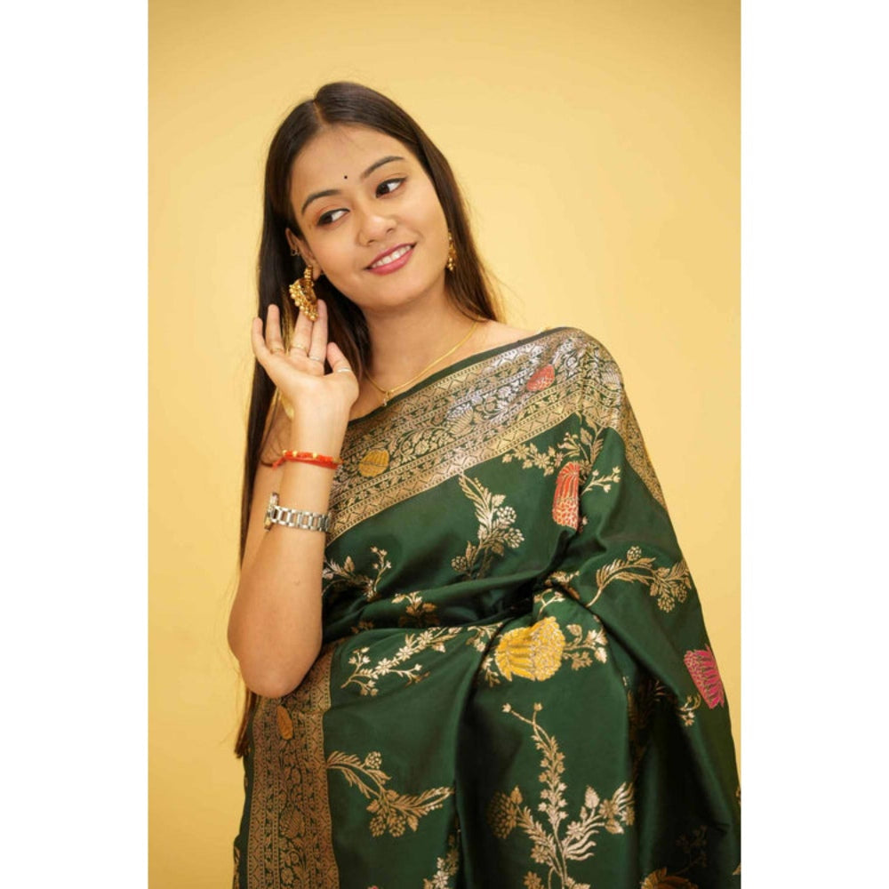 Isadora Life Womens Floral Printed Green Pre-Draped Saree With Unstitched Blouse