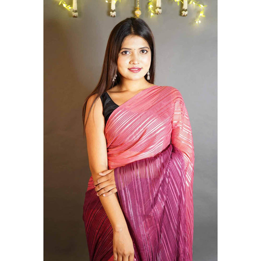 Isadora Life Womens Ombre Tassels Pink Pre-Draped Saree With Unstitched Blouse