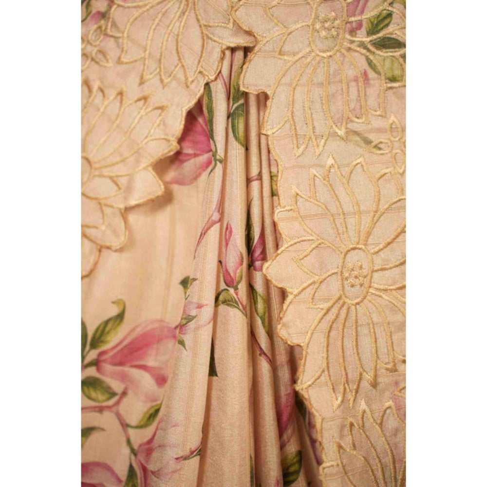 Isadora Life Womens Floral Embroidered Beige Pre-Draped Saree With Unstitched Blouse