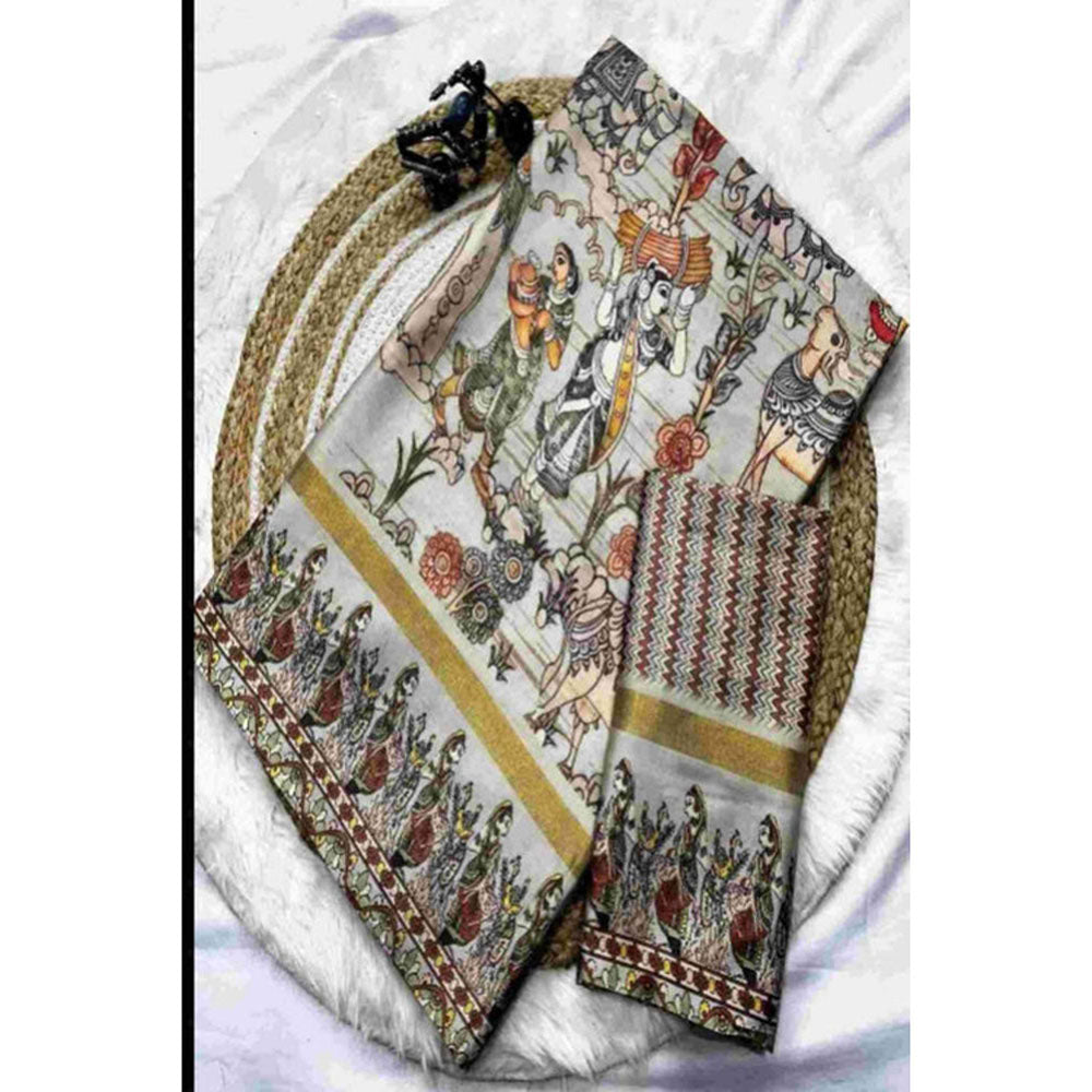 Isadora Life Womens Printed Off White Pre-Draped Saree With Unstitched Blouse