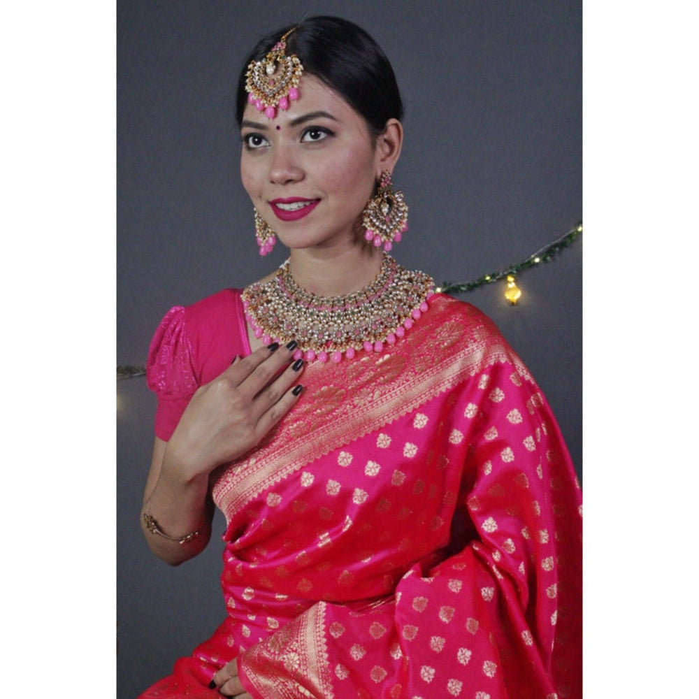 Isadora Life Womens Woven Zari Pink Pre-Draped Saree With Unstitched Blouse