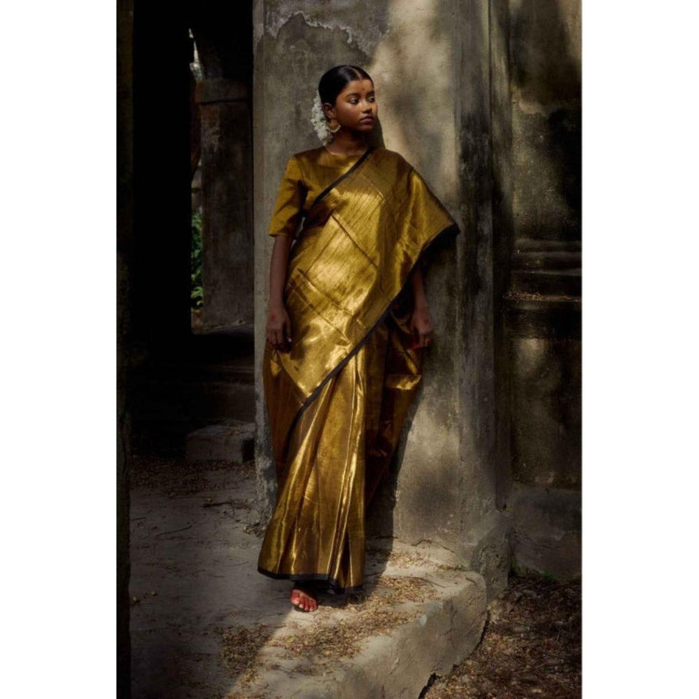 Isadora Life Womens Woven Tassels Gold Pre-Draped Saree With Unstitched Blouse