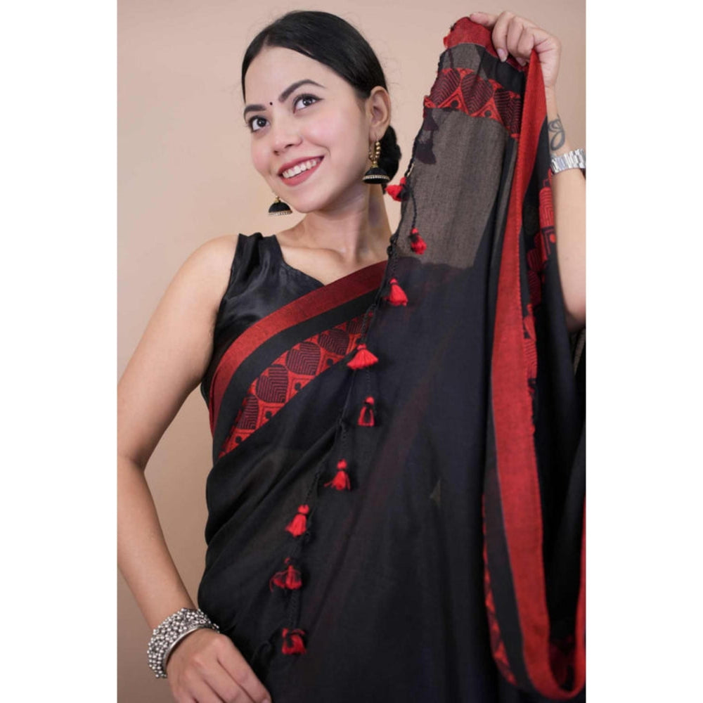 Isadora Life Womens Solid Tassels Black Pre-Draped Saree With Unstitched Blouse