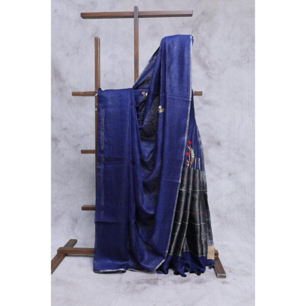 Isadora Life Womens Embroidered Tassels Blue Pre-Draped Saree With Unstitched Blouse