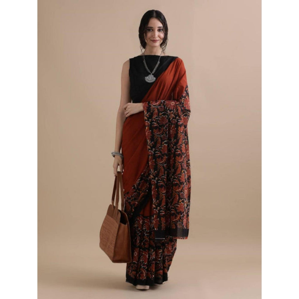 Isadora Life Womens Floral Printed Rust Pre-Draped Saree With Unstitched Blouse