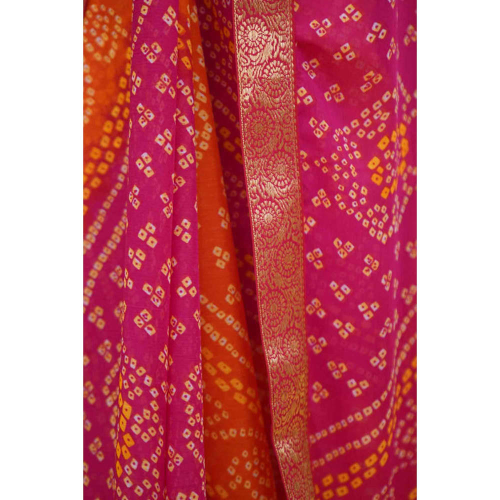 Isadora Life Womens Bandhani Printed Pink Pre-Draped Saree With Unstitched Blouse