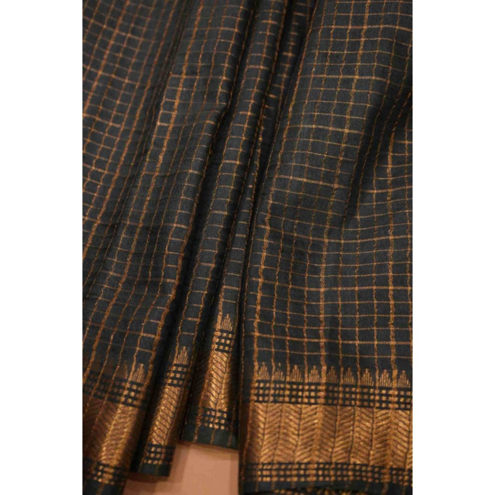 Isadora Life Womens Checks Zari Green Pre-Draped Saree With Unstitched Blouse