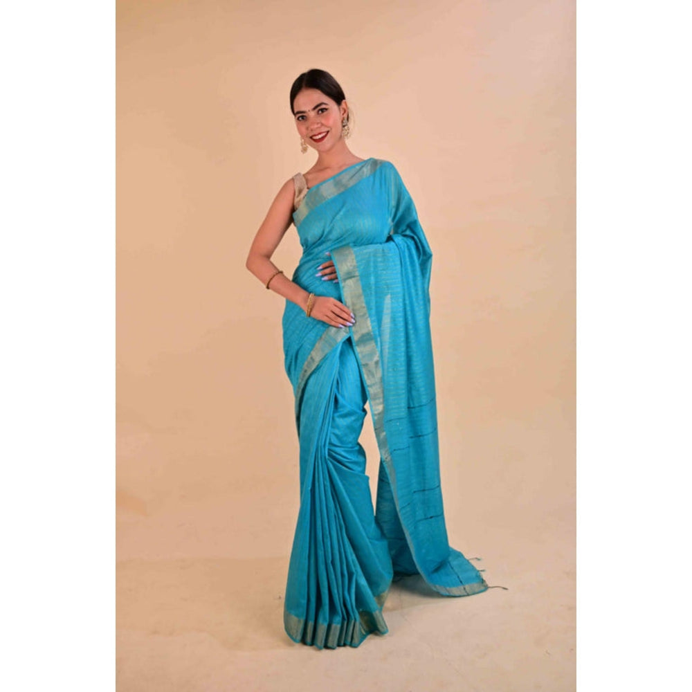 Isadora Life Womens Stripes Zari Blue Pre-Draped Saree With Unstitched Blouse