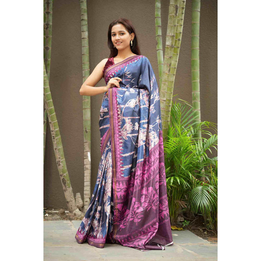 Isadora Life Womens Floral Printed Navy Blue Pre-Draped Saree With Unstitched Blouse
