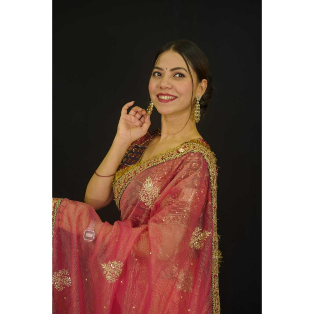 Isadora Life Womens Embroidered Sequined Pink Pre-Draped Saree With Unstitched Blouse
