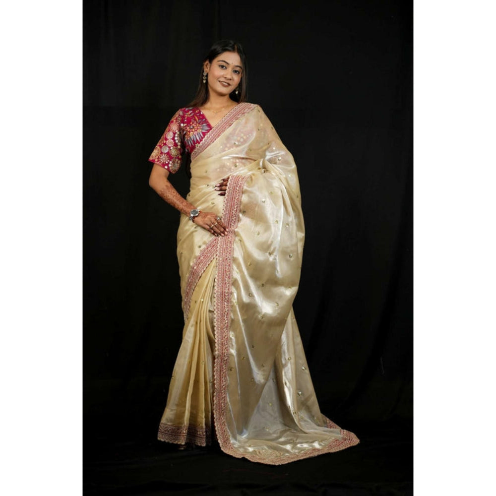 Isadora Life Womens Embroidered Sequined Ivory Pre-Draped Saree With Unstitched Blouse